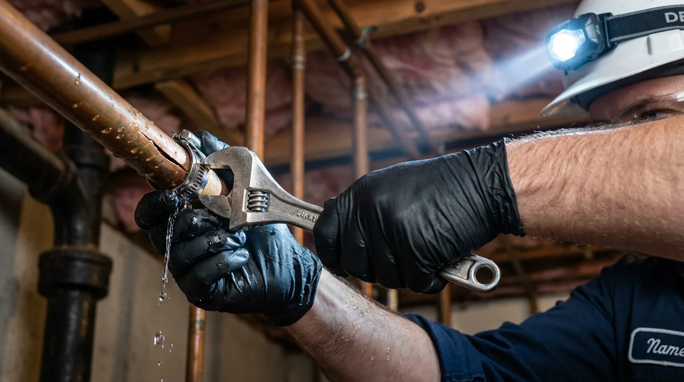 Emergency pipe clamp repair being performed by a Johns Plumbing LLC plumber in Stedman