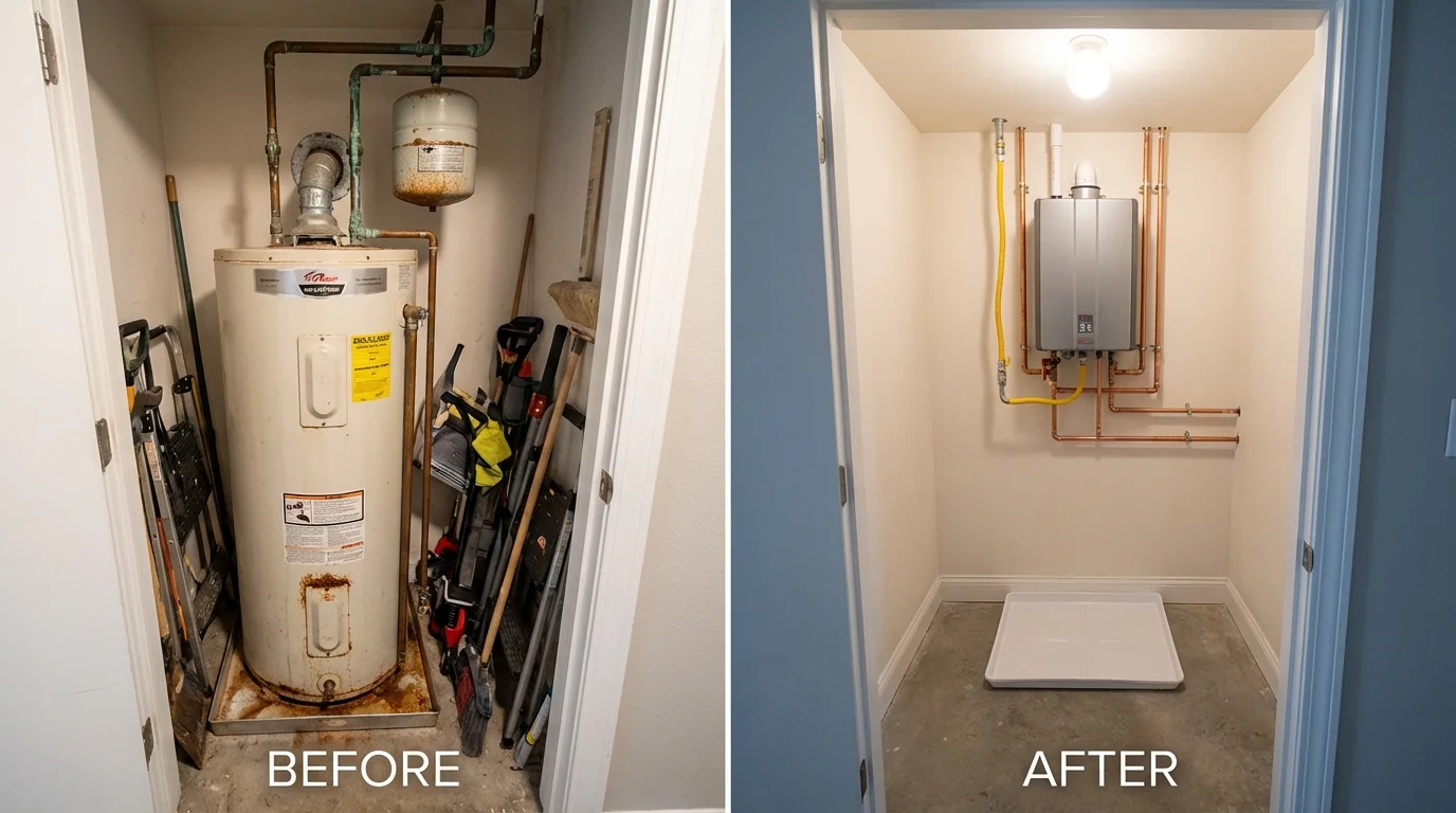 Tank water heater versus wall-mounted tankless unit comparison for Stedman, NC homeowners