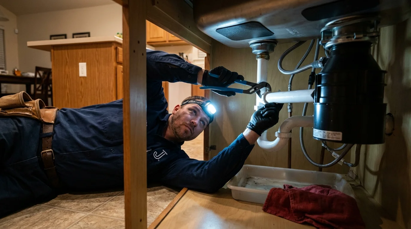 P-trap and supply line connections under a kitchen sink showing a common leak point in Stedman, NC